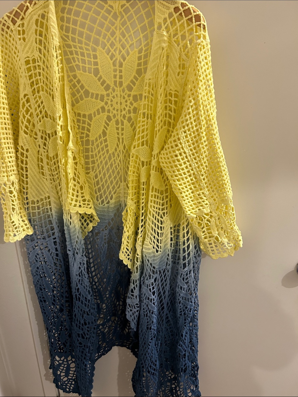 Ombre Crochet Open-Knit Cardigan - Yellow to Blue